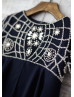 Beaded Short Sleeves Navy Blue Chiffon Knee Length Flower Girl Dress